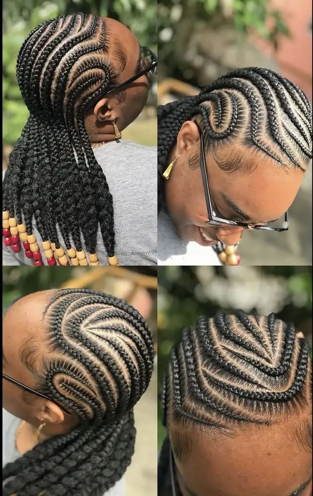 Swirl cornrow braids with gold and red beads