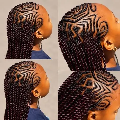 Burgundy twists with a mosaic cornrow pattern