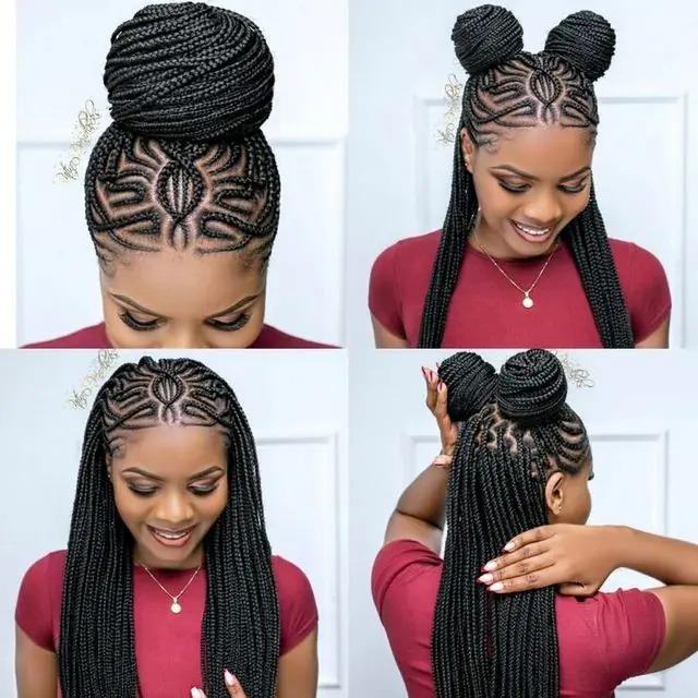 Twin buns with a patterned front and long box braids